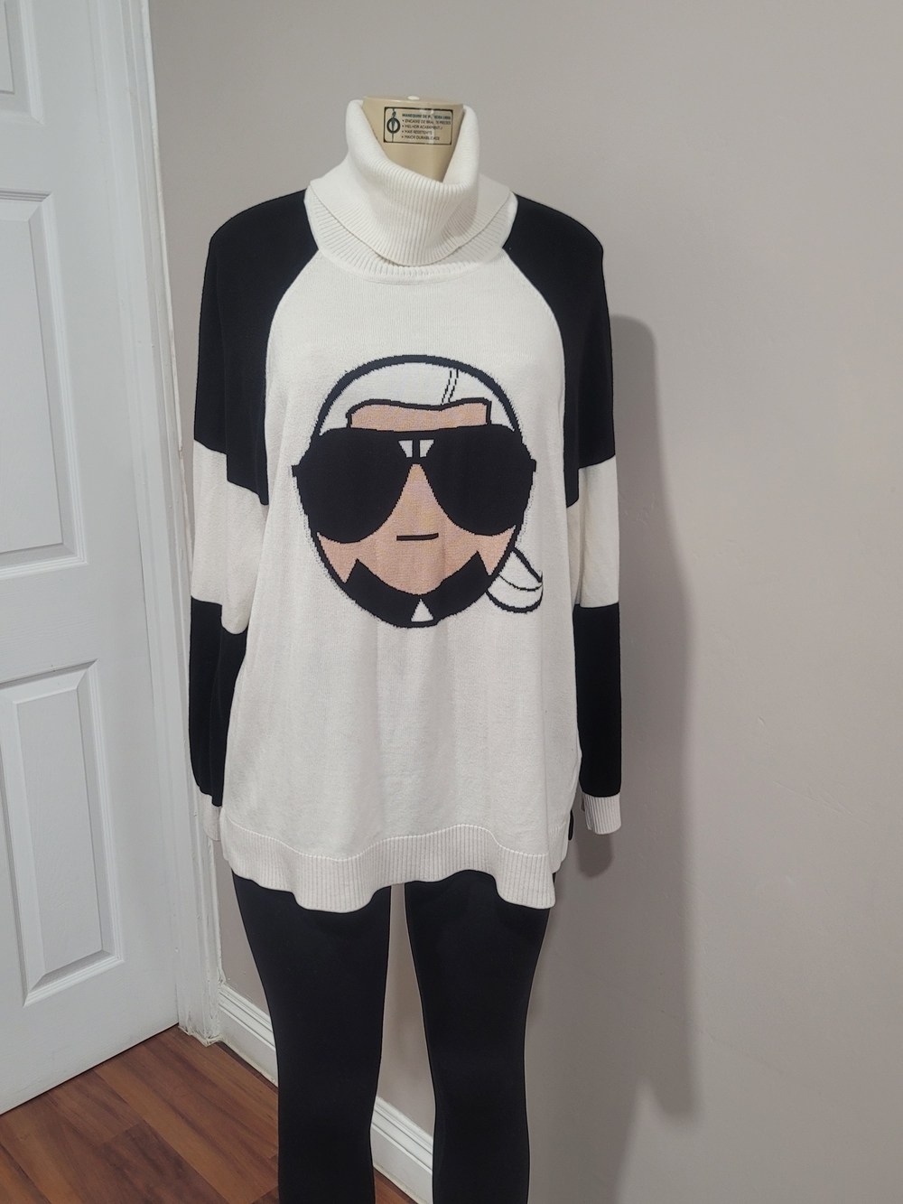 Karl Lagerfeld White & Black Turtleneck Sweater with Graphic